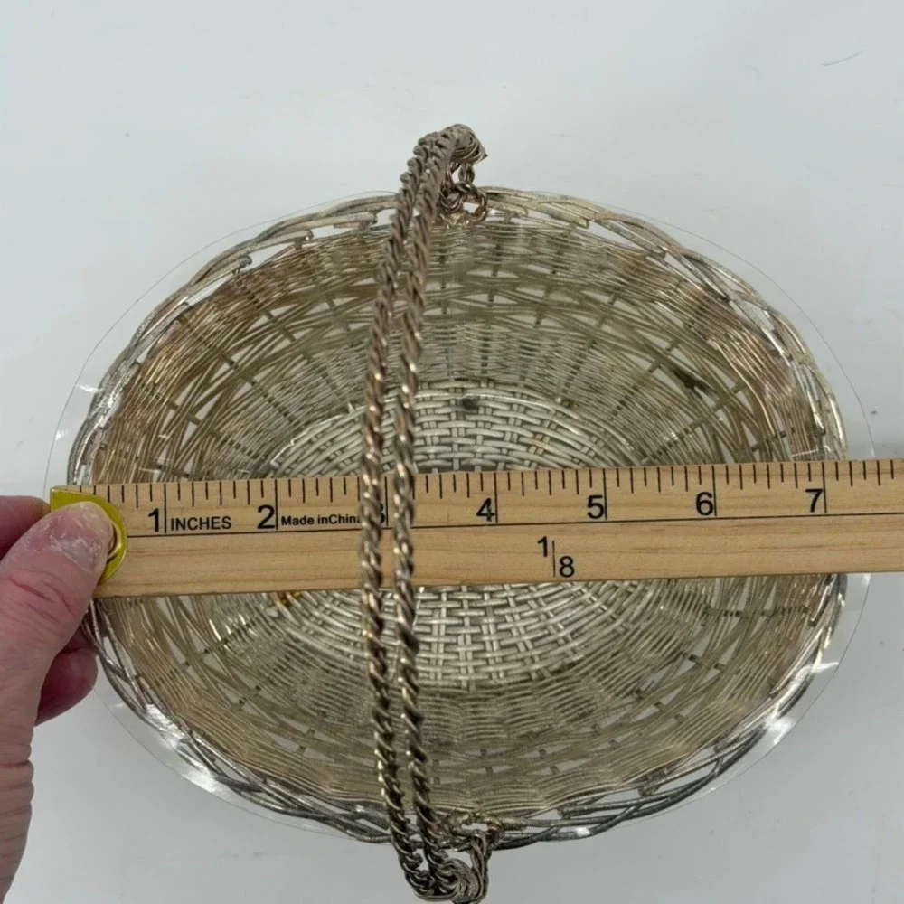 Vintage Silver Tone Woven Wire Oval Basket with Swing Handle and Liner